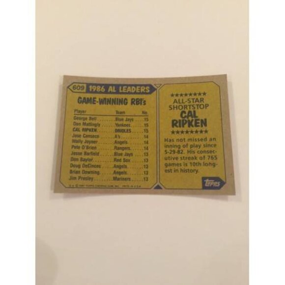 1987 Topps #609 Cal Ripken Jr. Orioles #609 All Star (MISC1) - Picture 2 of 2
